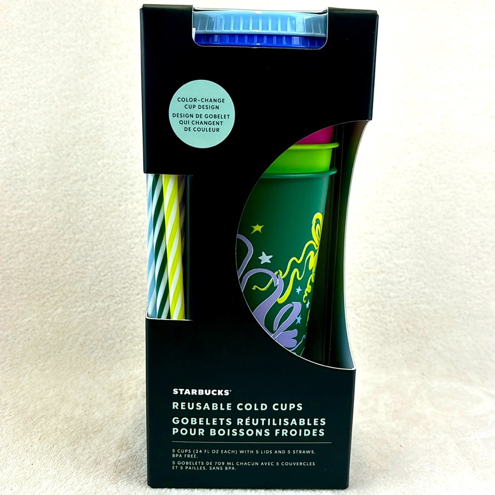 STARBUCKS Holiday 2023 Color Changing Reusable Cold Cups 5 w/ Lids/Straws 24 oz